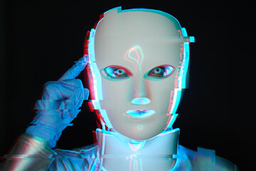 Portrait of futuristic robot. Image with glitch effect.