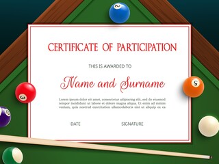 Certificate of participation in billiard tournament, diploma vector template with cue and balls on green cloth. Award border design, diploma for participation in snooker game, competition achievement