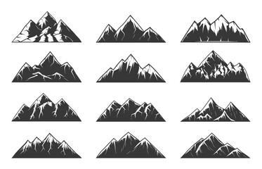 Mountain chain snowy peaks, rocky hills end volcanoes. High mountains with sharp tops, gorges and steep slopes, northern terrain nature landscape element engraved vector set