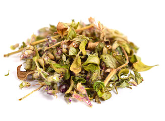 Dry (Dried) Greek Oregano Leaves and Flowers (Origanum Vulgare Hirtum, Origanum Heracleoticum). Known as True or Italian Oregano. Isolated on White.