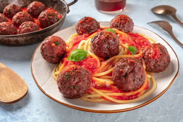 Meatballs with pasta, Italian dinner on a table