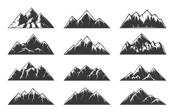 Mountain chain snowy peaks, rocky hills end volcanoes. High mountains with sharp tops, gorges and steep slopes, northern terrain nature landscape element engraved vector set