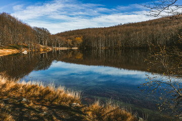 Colorful panoramic view of Lake Baccio, among the Apennine mountains in central Italy
