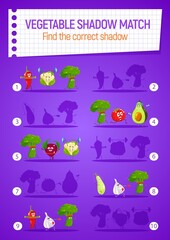 Kids game shadow match vector riddle with cartoon funny vegetables sportsmen on board. Educational task find correct silhouette, children logic school preschool activity, leisure recreation, boardgame