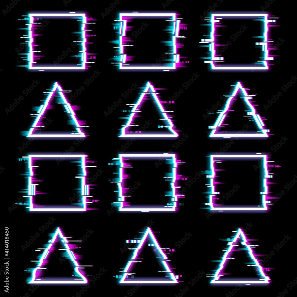 Aufkleber Glitch frames vector distorted neon glowing pixelized borders of triangle and square shapes isolated on black background. Television no signal tv screen, colored messy distortion with glitch effect