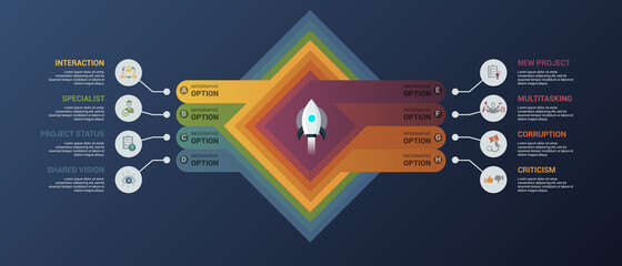 Infographic Management template. Icons in different colors. Include Lead Management, Criticism, Specialist, Interaction and others.