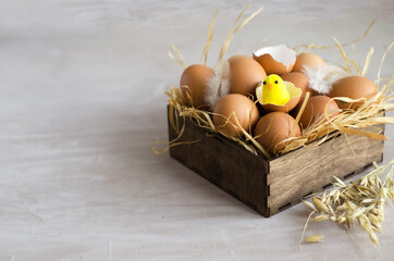 The concept of an Easter background. Natural brown chicken eggs lie in a wooden box on a hay on a...