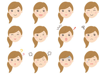 女性の顔イラスト（表情いろいろ）
