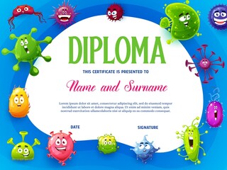 Kids diploma with viruses and microbes cartoon characters. Funny germs, bacteria and pathogen micro organisms vector. School biology education achievement diploma or certificate with smiling microbes