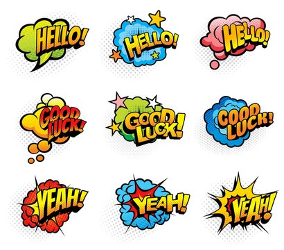 Pop art retro exclamations and wishes speech clouds and explosions bubbles. Hello greeting, good luck wish and yeah loud exclamation icons or stickers with stars and half tone cartoon vector