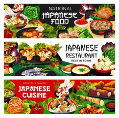 Japanese cuisine restaurant food banners. Fried mushrooms, stewed onions and filipino clams, salt-fried fish, turnip and daikon salad, burdock root, nikomi udon and mashed yams, fried tofu vector