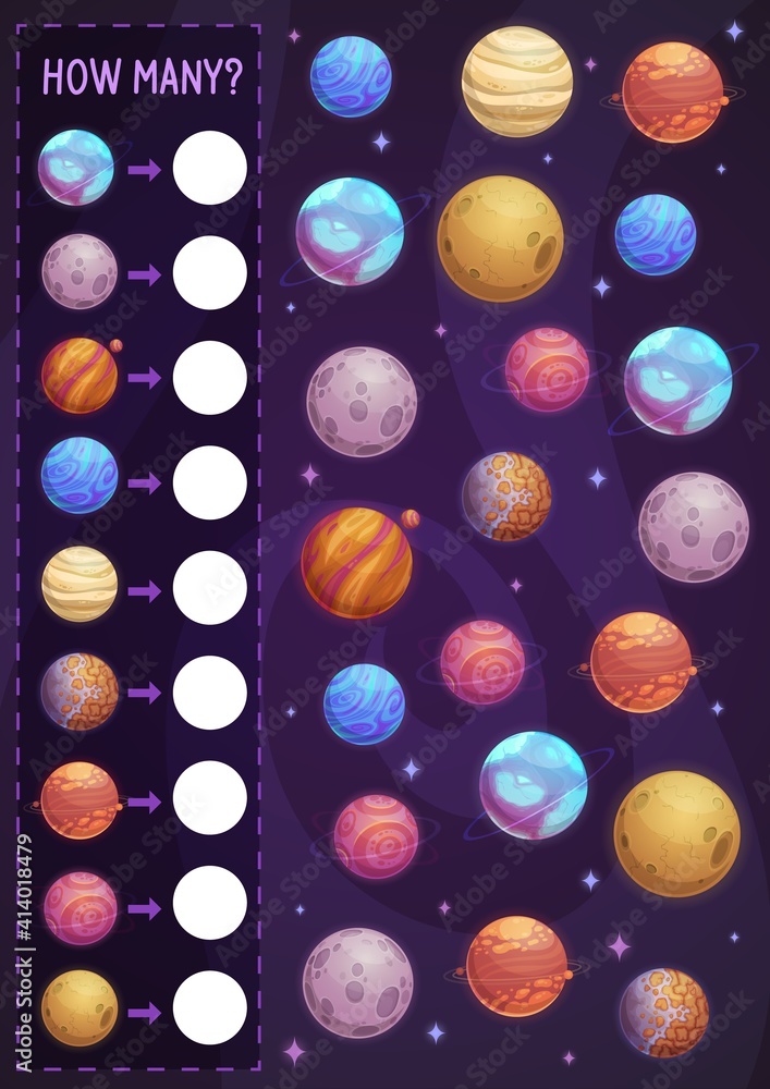 Poster math game for kids, how many planets in space. vector estimate task, counting practice for preschool