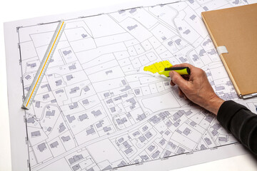 Urbanisme et Aménagement du territoire - main tenant un feutre  - projet d'urbanisme sur fond de...