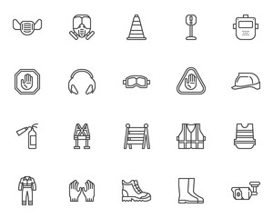 Safety workwear line icons set. Mandatory linear style symbols collection, outline signs pack. Protective clothing vector graphics. Set includes icons as safety helmet, work shoes, face mask, coverall