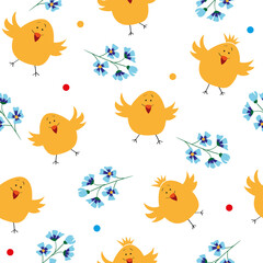 Easter, seamless endless background. Hand-drawn cute chickens and delicate blue flowers. Scandinavian style, flat vector illustration. Wallpaper, packaging, wrapping paper, textiles.