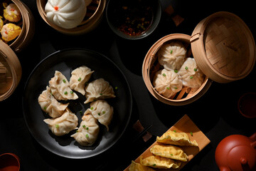 Dimsum on plate and bamboo steamer with dumplings and pork buns in Chinese restaurant