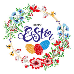Easter, wreath with colorful flowers, leaves, butterflies and painted eggs. Happy Easter. Isolated elements on a white background. Design for invitations and greeting cards.