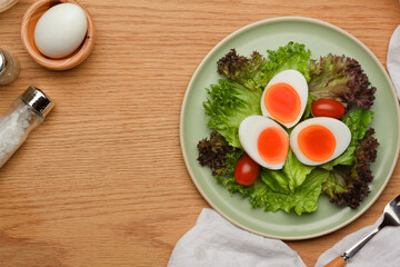 Plate of salad with boiled eggs, lettuce and tomato on dinning table with salt bottle and copy space