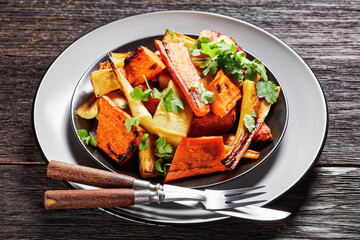 Moroccan roasted parsnip and carrot on a plate