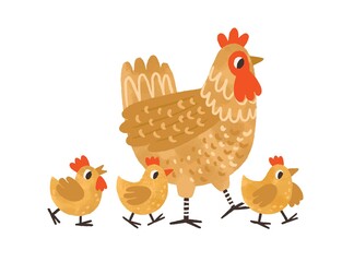 Cute hen walking with yellow chicken. Funny mom and three baby birds. Colorful textured flat vector illustration isolated on white background