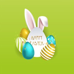 Vector illustration of a Happy Easter Holiday with colored 3d eggs, rabbit ears on a green background. International holiday design with typography for Greeting Card, party invitation.