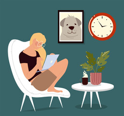 Fototapeta premium freelance woman sitting on the chair and working on laptop, work at home
