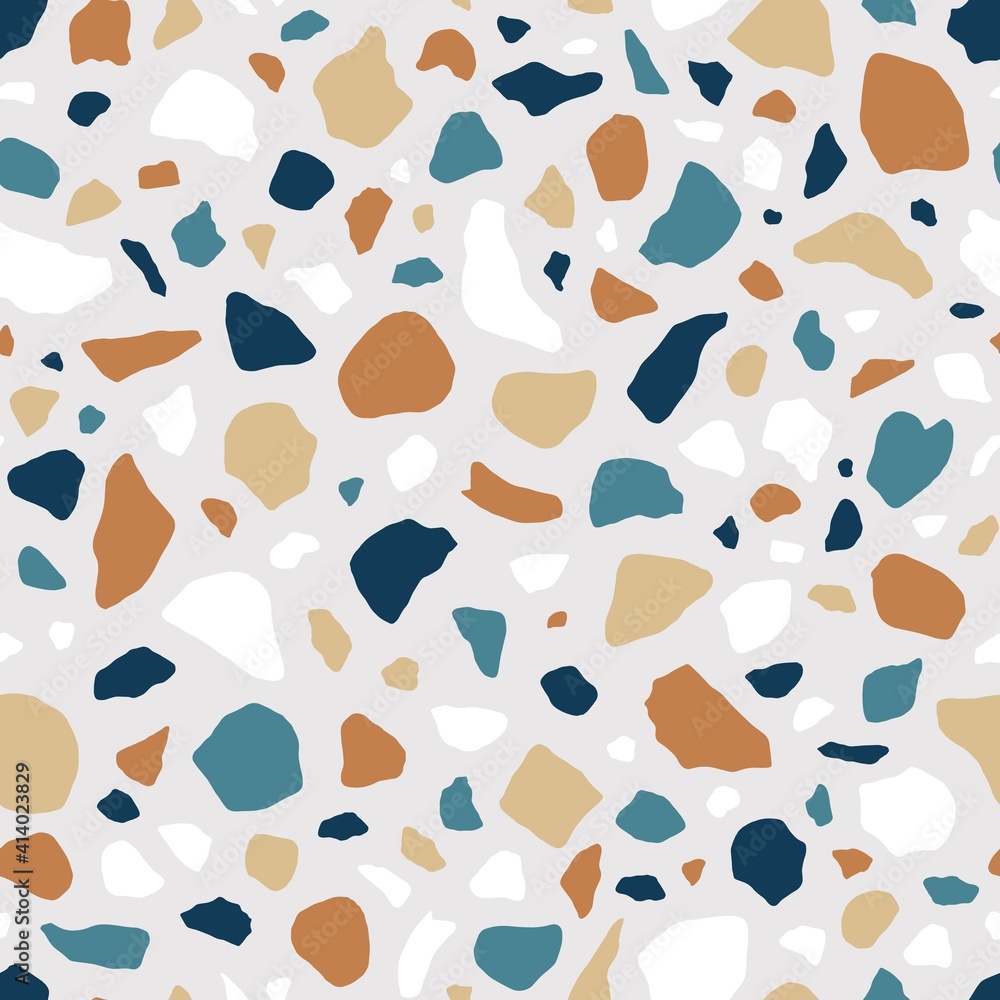 Fototapete Terrazzo flooring texture with seamless repeatable pattern of small organic stone pieces. Abstract backdrop with colorful irregular shapes. Endless Venetian tile. Colored flat vector illustration