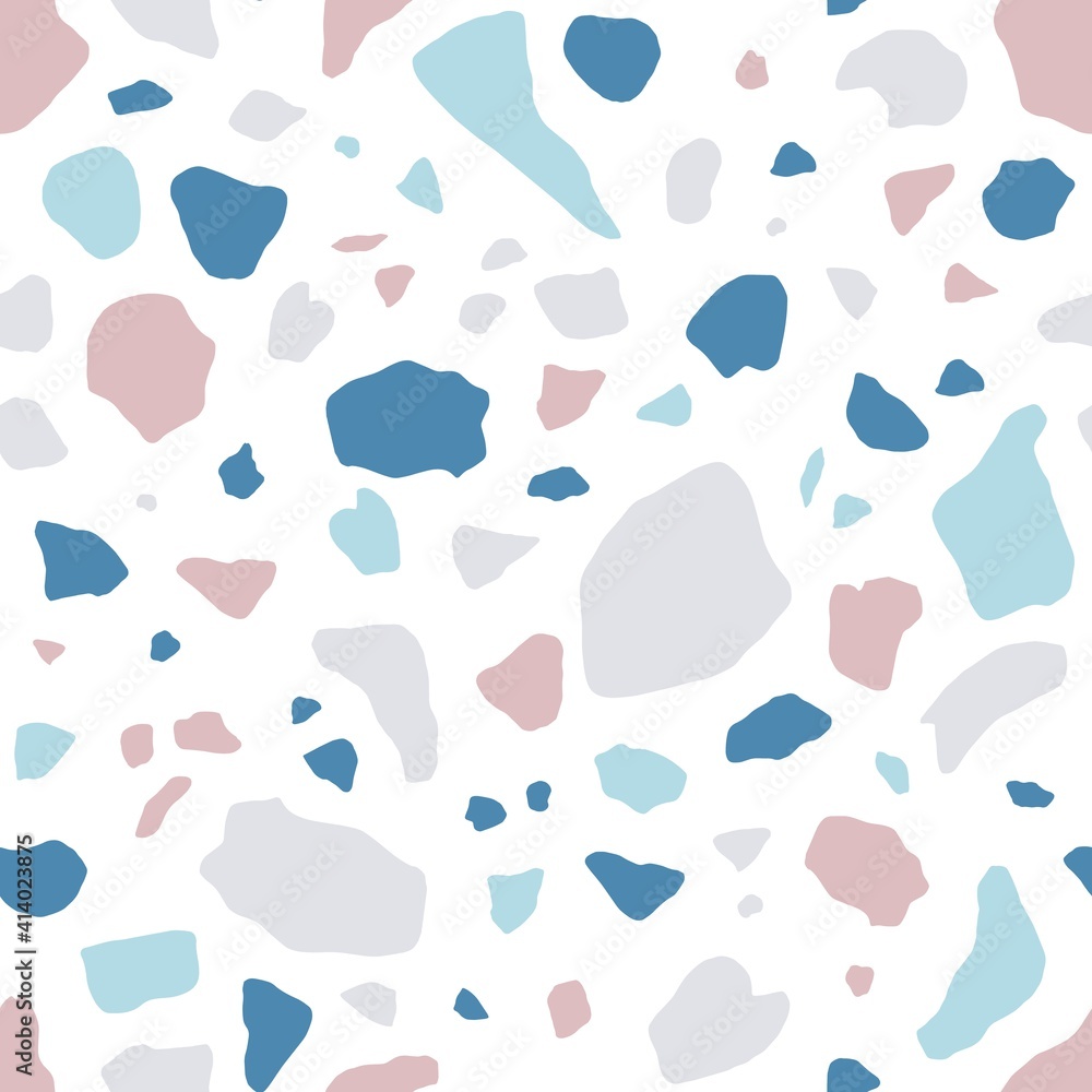 Poster Venetian terrazzo seamless pattern. Endless abstract texture with scattered stone fragments of organic irregular shapes. Trendy design of floor tile. Flat vector illustration on white background
