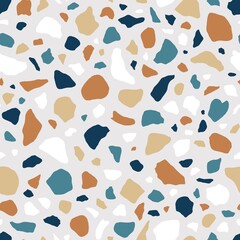 Fototapeta na wymiar Terrazzo flooring texture with seamless repeatable pattern of small organic stone pieces. Abstract backdrop with colorful irregular shapes. Endless Venetian tile. Colored flat vector illustration