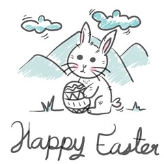 hand drawn bunny Easter in the nature on white background