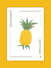 Ripe pineapple with leaves card template. Sweet pineapple fruit vector hand drawn poster design.
