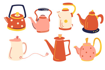 Vector tea collection of vintage tableware. Kitchen elements. Vector set of different teapots, vintage, electric, retro. Hand drawn food and drink. Tea party template. Isolated on white.