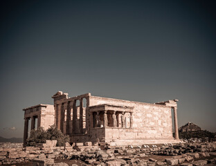 Erechtheion ancient temple on Acropolis hill, Athens Greece filtered image
