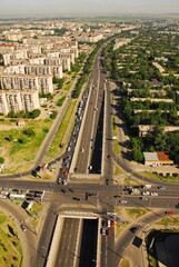 Almaty, Kazakhstan - 06.18.2009 : Traffic at the city's road interchanges. View from the helicopter.