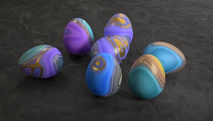 Beautiful marbled colorful Easter eggs. 3D render / rendering.