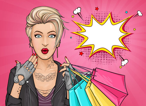 Vector pop art illustration of a surprised tattooed girl holding shopping bags on pink background. Blonde young woman with wide open eyes and mouth. Excellent poster for advertising discounts or sales