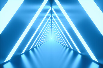 3D Illustration. Tunnel with bright lights on the laterals. Futuristic concept.