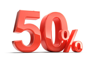 Fifty 50 perecent. Glossy red Fifty percent sign isolated on white. Percentage, sale, discount concept. 3d rendering