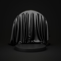 Black product background stand or podium pedestal on luxury advertising display with blank backdrops. 3D rendering.