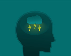 Silhouette head with cloud and lightning. Psychology or psychotherapy concept. Anger, depression or negative thought. Illustration vector