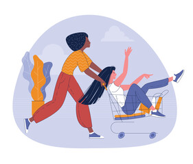 Girls riding supermarket cart