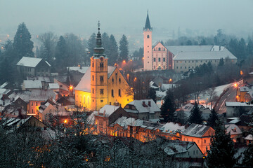 Snow Covered Rooftops in the Evening in City of Samobor