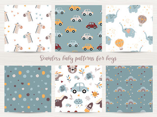 Set of seamless patterns for baby boys.