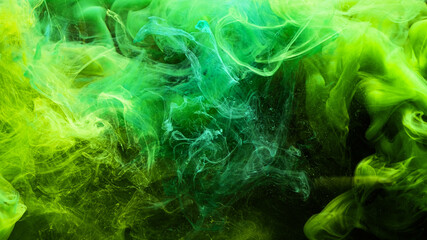 Neon smoke. Colorful background. Ink in water splash. Poison fume abstract design. Glowing vibrant green yellow steam blend with chemical dust effect on dark. - obrazy, fototapety, plakaty