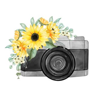watercolor yellow sun flower bouquet with camera
