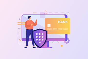 Young man stands at the shield in front of the monitor screen, vector illustration. Personal data protection rules on the Internet. Security system for online bank transfers. Vector illustration.