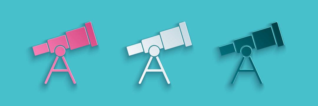 Paper Cut Telescope Icon Isolated On Blue Background. Scientific Tool. Education And Astronomy Element, Spyglass And Study Stars. Paper Art Style. Vector.