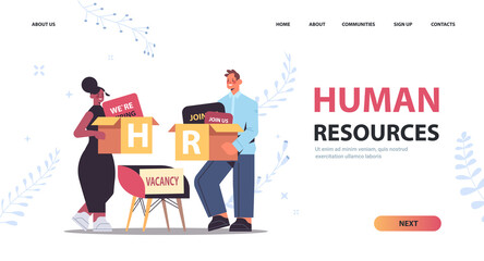 mix race HR managers couple holding cardboard boxes human resources recruitment talent management concept full length horizontal copy space vector illustration