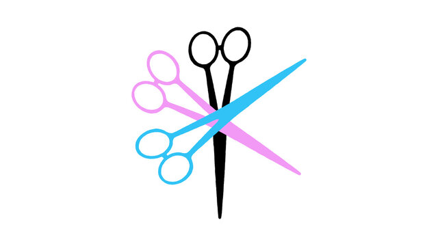 Die drei Haarscheren als Illustration in pink, t&uuml;rkis und schwarz. Friseure &ouml;ffnen wieder, Freisteller mit Textvorlage.