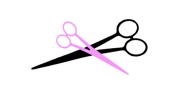 Die zwei Haarscheren als Illustration in pink und schwarz. Friseure &ouml;ffnen wieder, Freisteller mit Textvorlage.